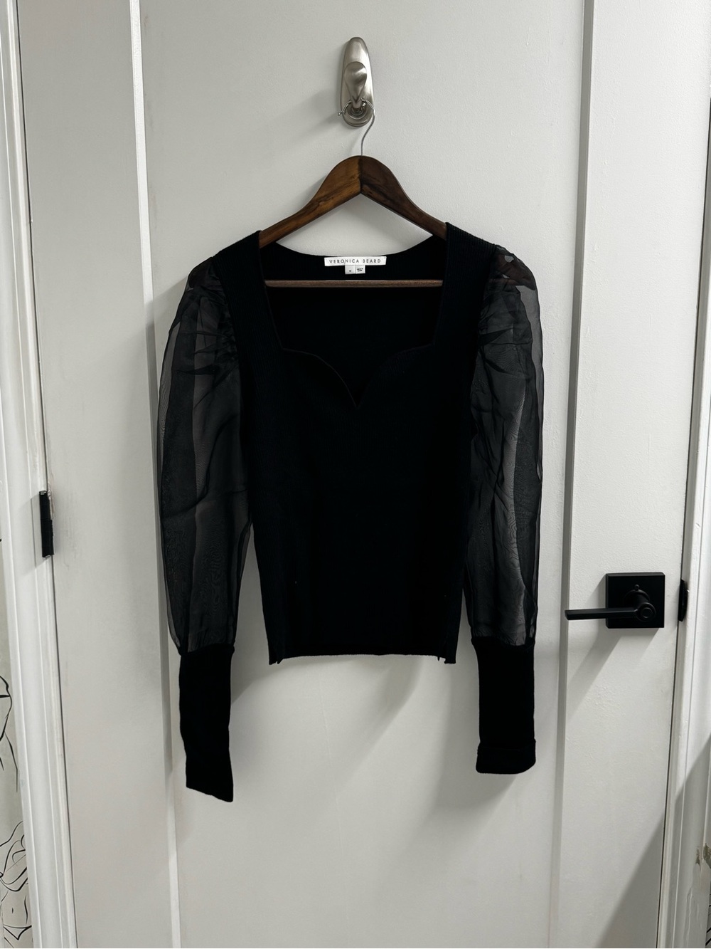 Veronica Beard Black Sheer Long Puff Sleeve Top